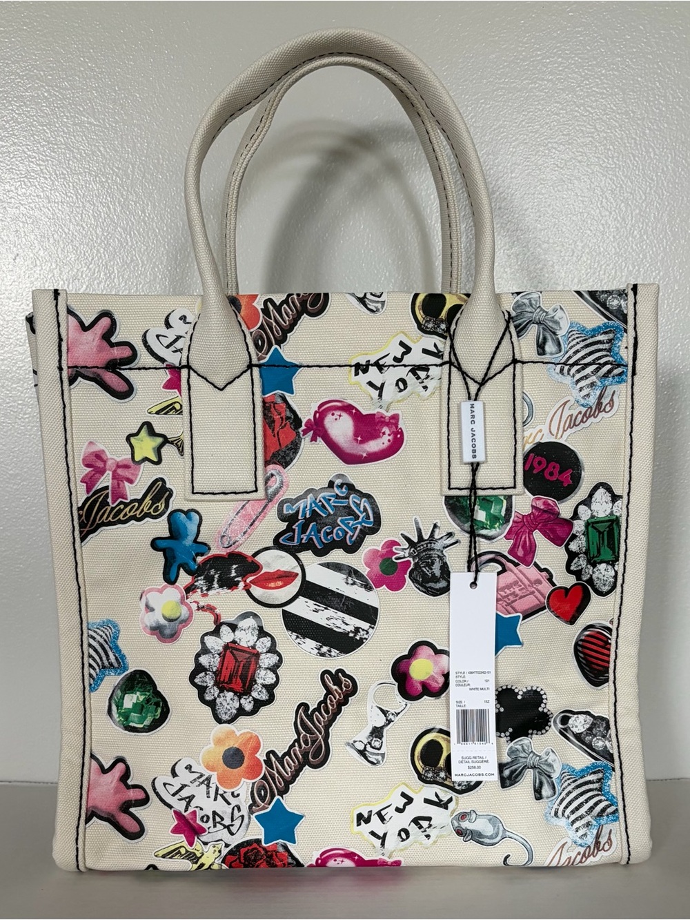 New Marc Jacobs Cotton Canvas Graphic Sticker-Print Medium Tote White Multi - Picture 2 of 6